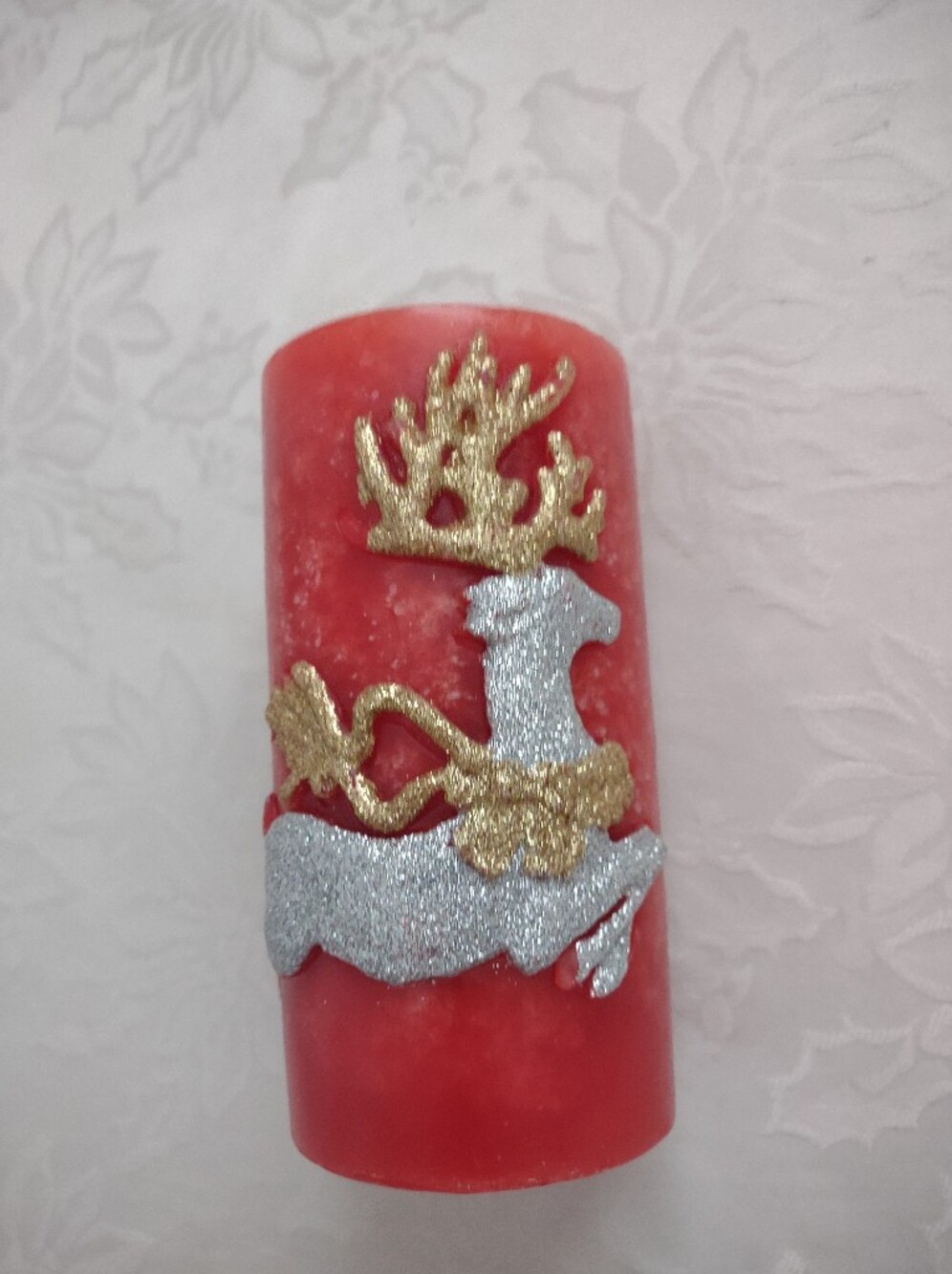 Festive Red Pillar Candle Embossed Glitter Rudolph